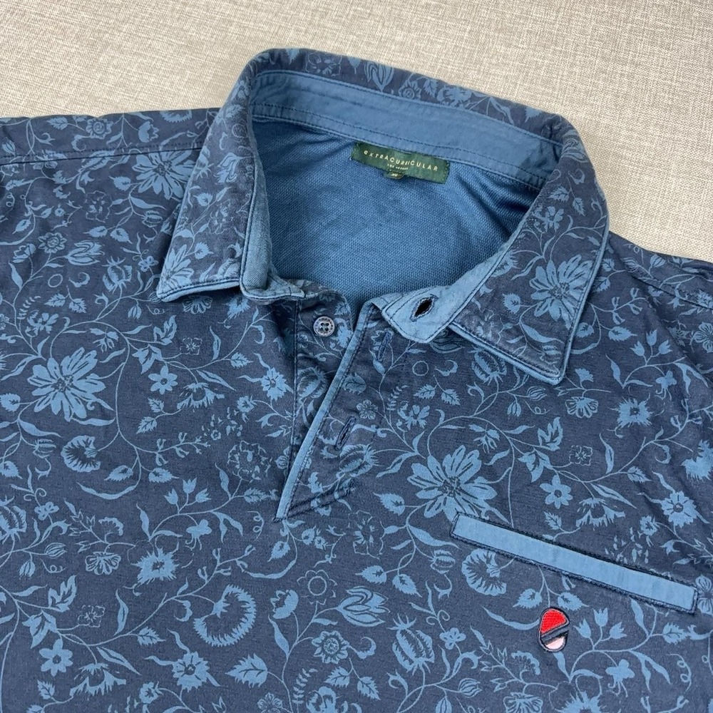 EXTRACURRICULAR Polo Shirt Mens XL Blue Floral Knit Pocket Logo Short Sleeve
